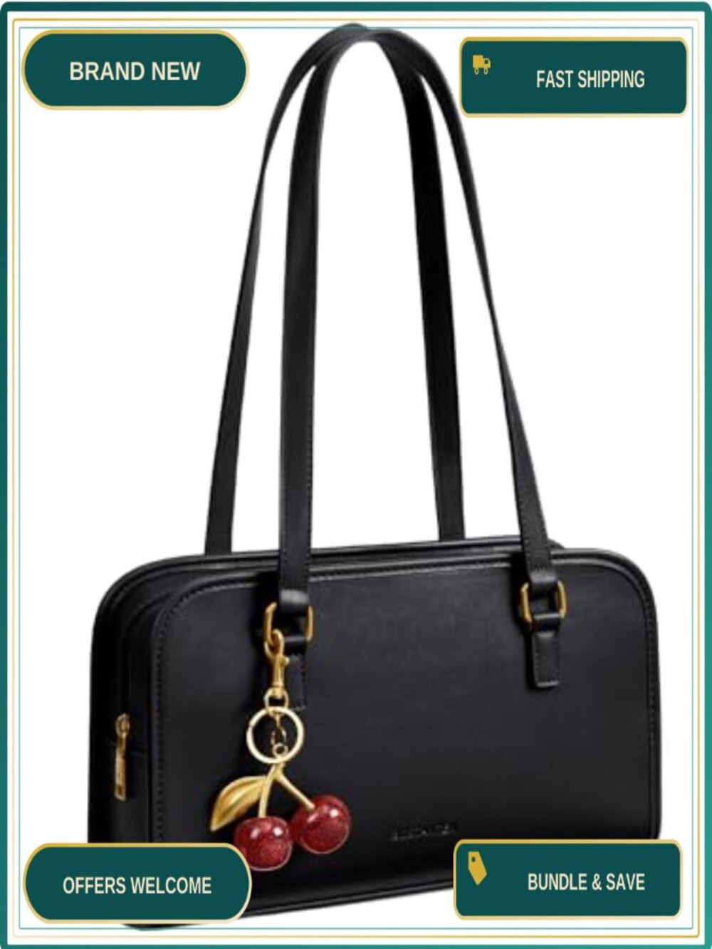 Vegan Leather Shoulder Bag Cherry Charm Zip Hobo Purse for Women